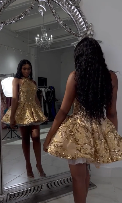 Cute A line Halter Sequin Short Gold Homecoming Dress