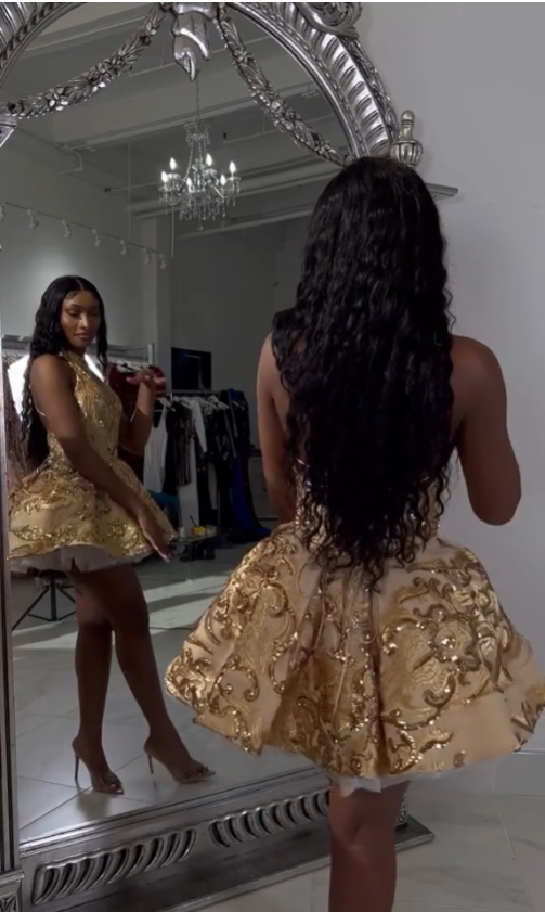 Cute A line Halter Sequin Short Gold Homecoming Dress
