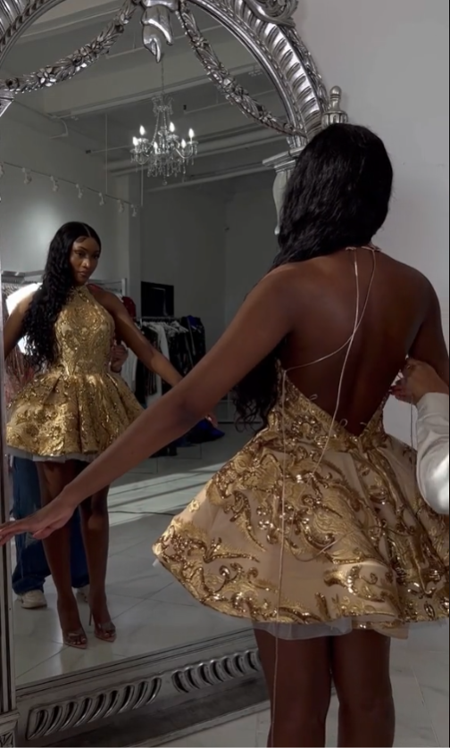 Cute A line Halter Sequin Short Gold Homecoming Dress