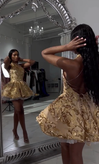 Cute A line Halter Sequin Short Gold Homecoming Dress