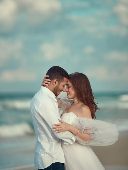 Cute A Line Puff Sleeve White Tulle Long Wedding Dress