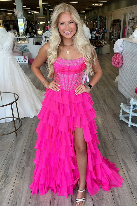 Cute A Line Scoop Neck Hot Pink Chiffon Tiered Prom Dress