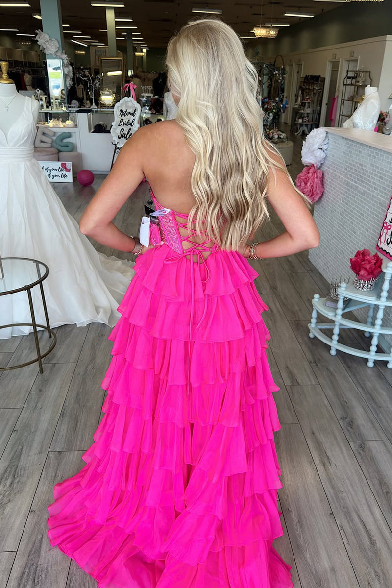 Cute A Line Scoop Neck Hot Pink Chiffon Tiered Prom Dress