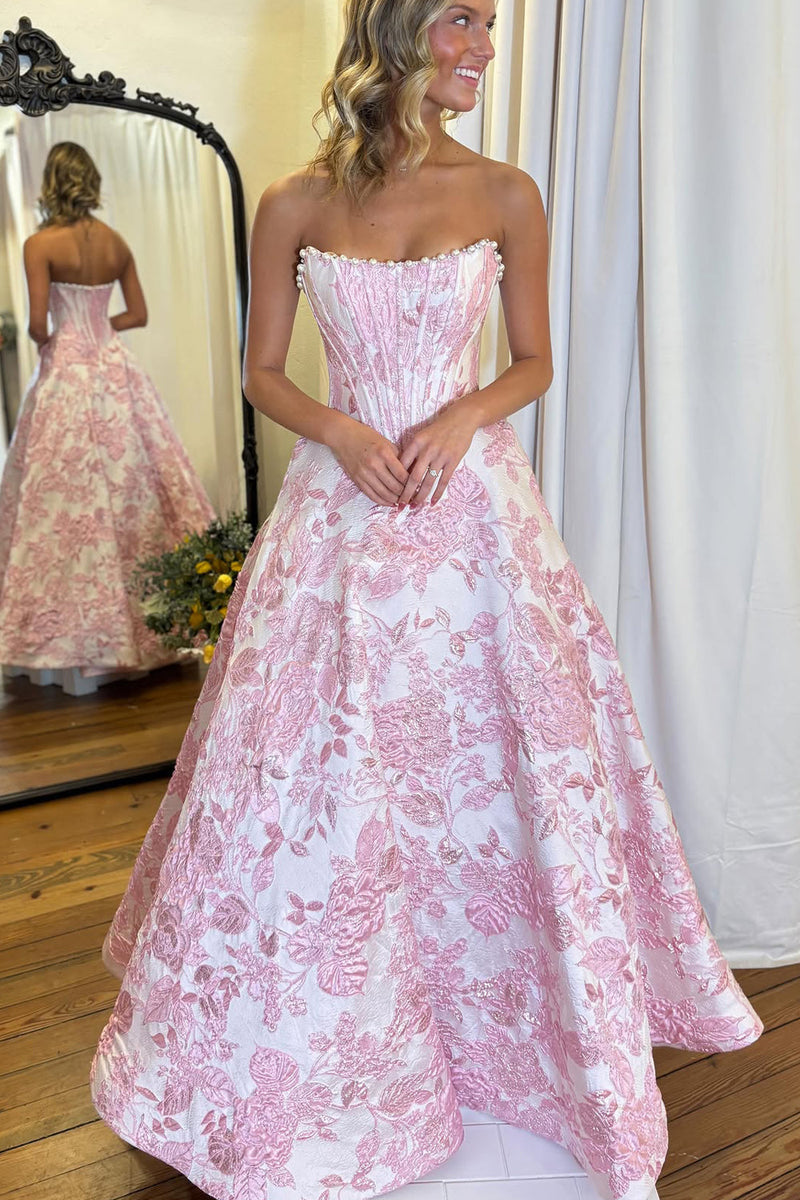 Cute A Line Scoop Neck Jacquard Satin Prom Dress with Pearls