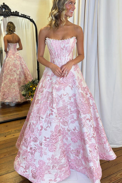 Cute A Line Scoop Neck Jacquard Satin Prom Dress with Pearls