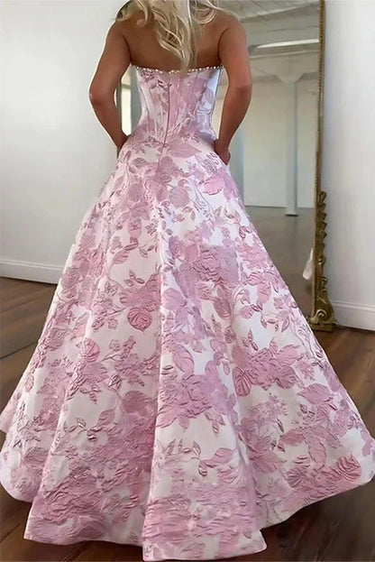 Cute A Line Scoop Neck Jacquard Satin Prom Dress with Pearls