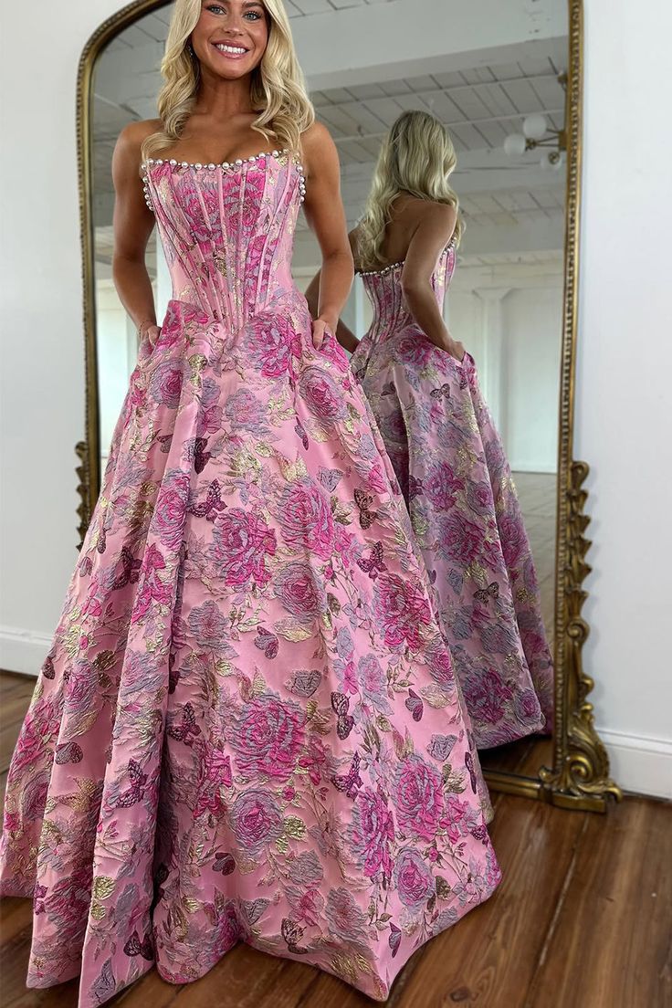 Cute A Line Scoop Neck Jacquard Satin Prom Dress with Pearls