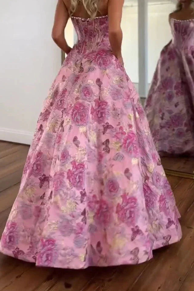 Cute A Line Scoop Neck Jacquard Satin Prom Dress with Pearls
