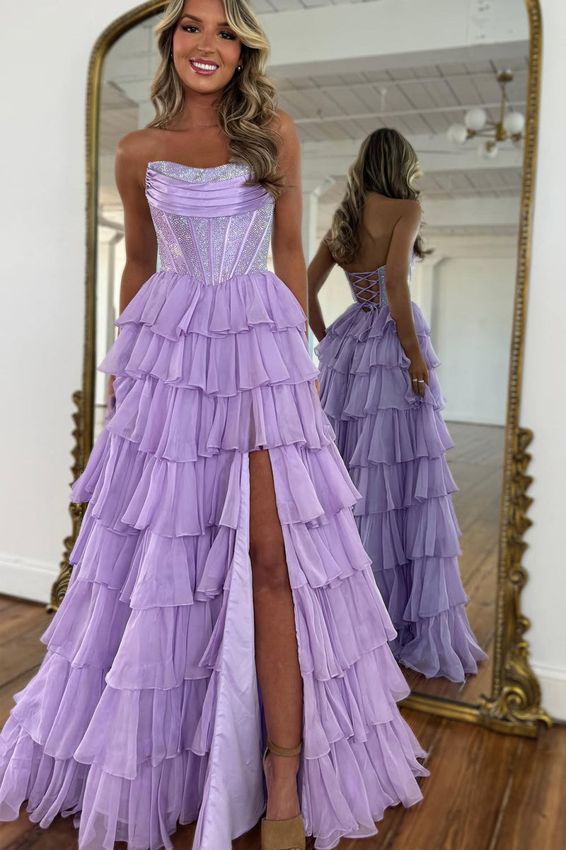 Cute A-Line Scoop Neck Light Purple Tiered Long Prom Dresses with Hot Stone Beading
