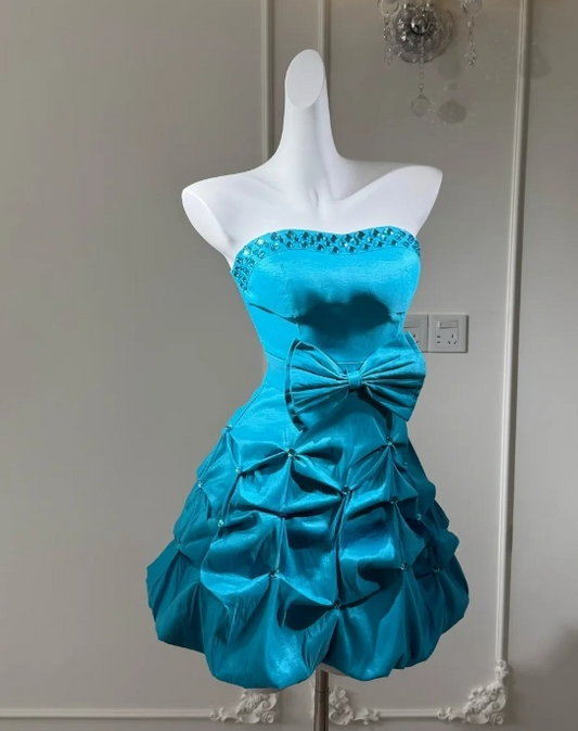 Cute A-line Short Prom Dresses, Taffeta Blue Homecoming Dresses Strapless Birthday Dresses