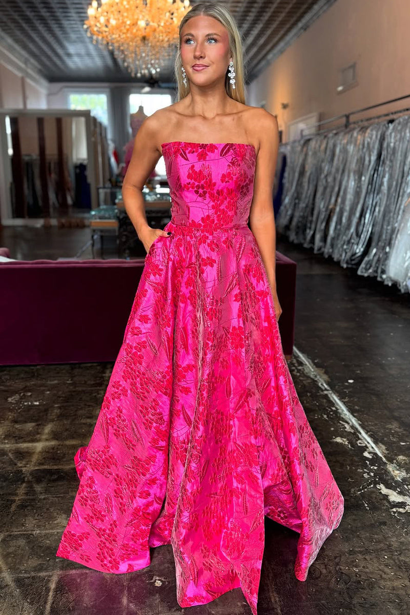 Cute A Line Strapless Jacquard Satin Prom Dress with Pockets