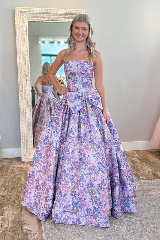 Cute A Line Strapless Laveder Jacquard Satin Prom Dress