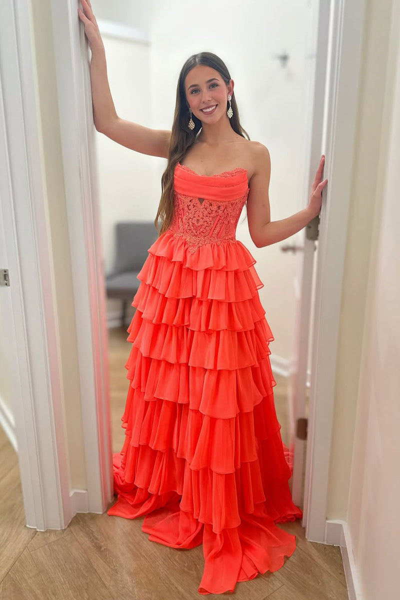 Cute A Line Strapless Orange Chiffon Tiered Long Prom Dress with Slit