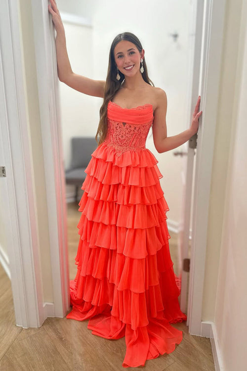 Cute A Line Strapless Orange Chiffon Tiered Long Prom Dress with Slit