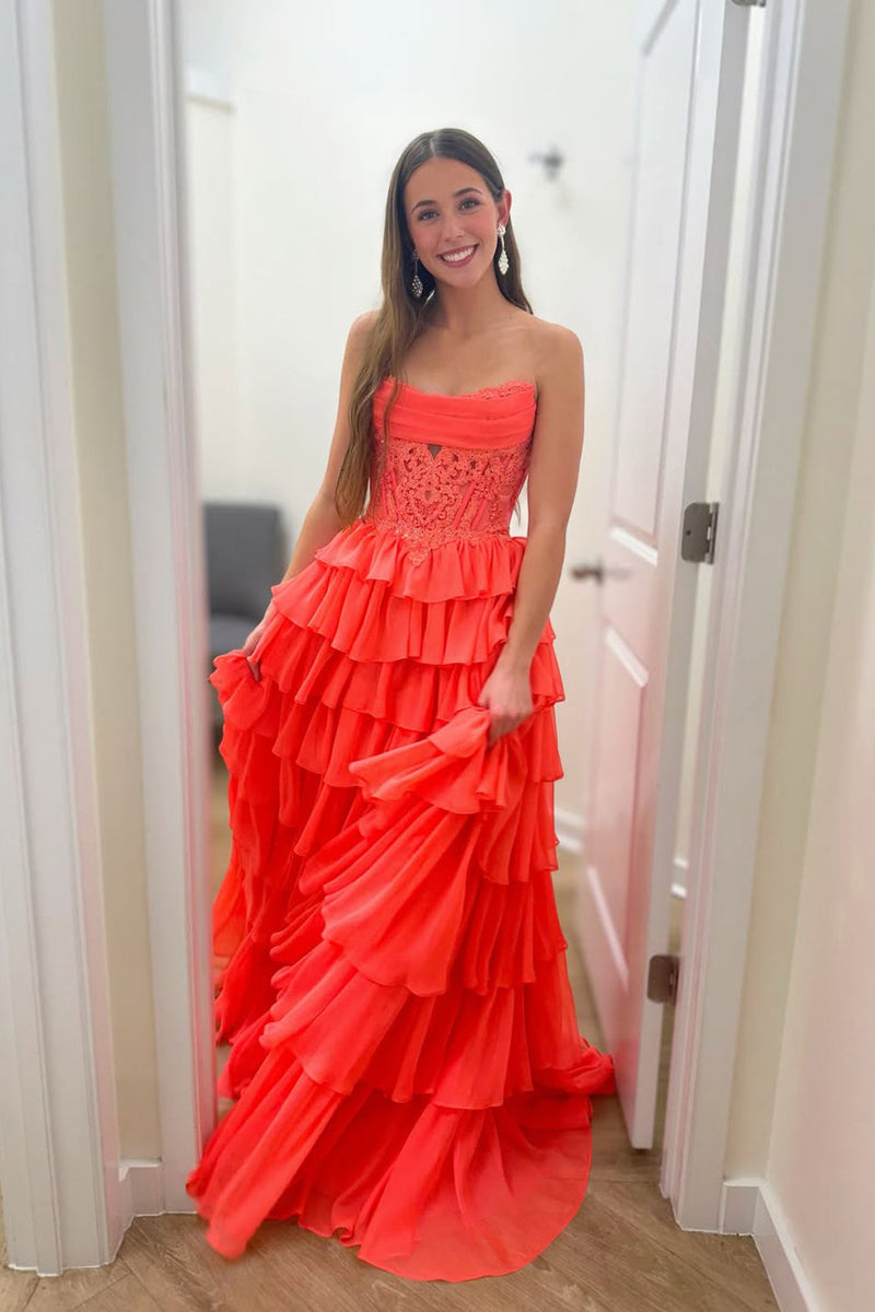 Cute A Line Strapless Orange Chiffon Tiered Long Prom Dress with Slit