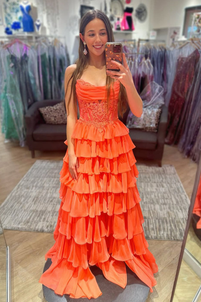 Cute A Line Strapless Orange Chiffon Tiered Long Prom Dress with Slit