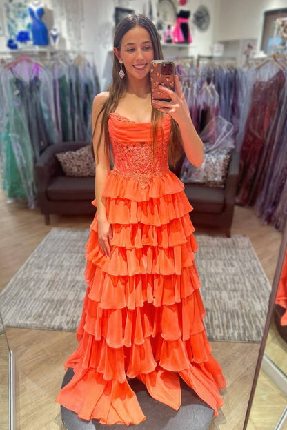 Cute A Line Strapless Orange Chiffon Tiered Long Prom Dress with Slit