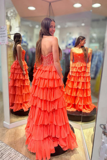 Cute A Line Strapless Orange Chiffon Tiered Long Prom Dress with Slit