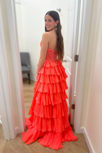 Cute A Line Strapless Orange Chiffon Tiered Long Prom Dress with Slit