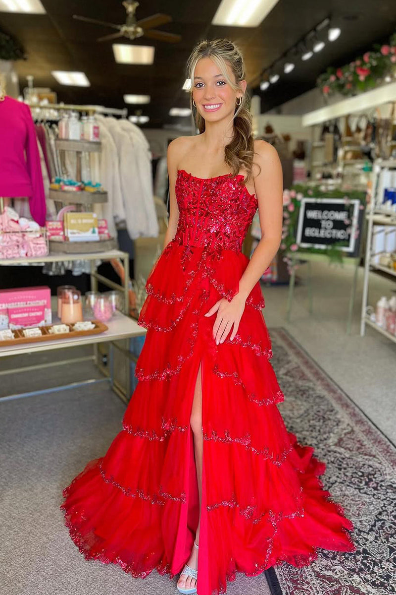 Cute A Line Strapless Red Tulle Tiered Prom Dresses with Appliques