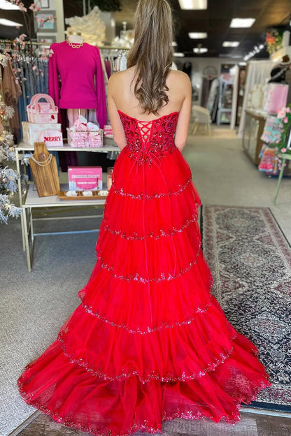 Cute A Line Strapless Red Tulle Tiered Prom Dresses with Appliques