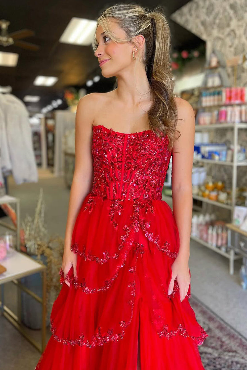 Cute A Line Strapless Red Tulle Tiered Prom Dresses with Appliques
