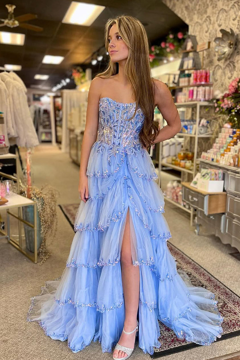 Cute A Line Strapless Red Tulle Tiered Prom Dresses with Appliques