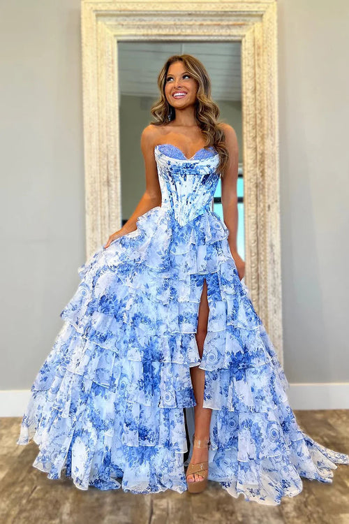 Cute A Line Sweetheart Blue Floral Chiffon Tiered Prom Dress with Slit