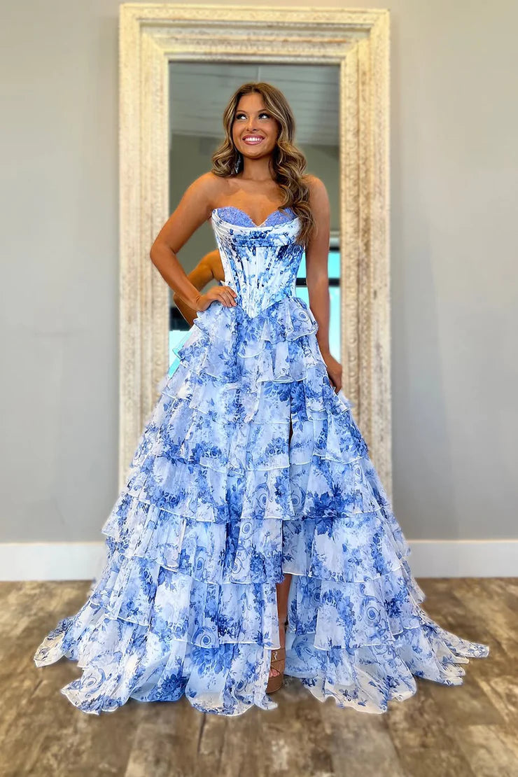 Cute A Line Sweetheart Blue Floral Chiffon Tiered Prom Dress with Slit