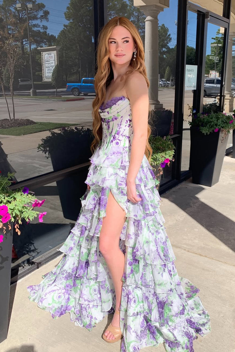 Cute A Line Sweetheart Blue Floral Chiffon Tiered Prom Dress with Slit