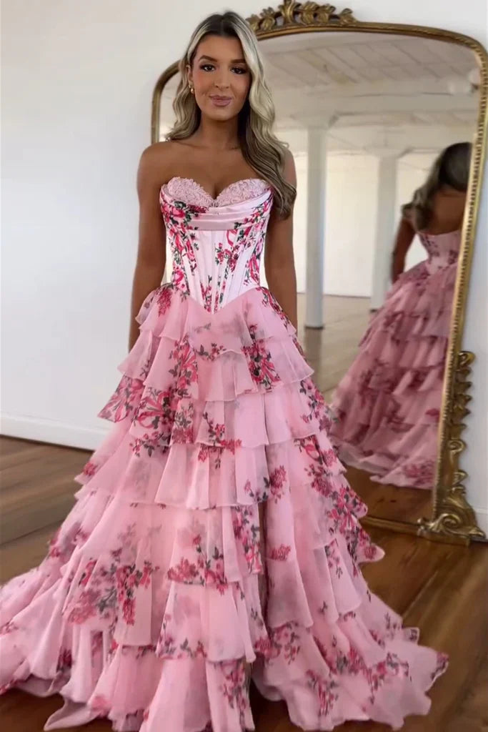 Cute A Line Sweetheart Blue Floral Chiffon Tiered Prom Dress with Slit