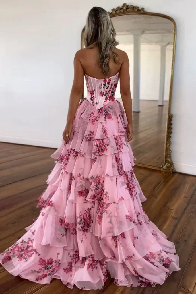 Cute A Line Sweetheart Blue Floral Chiffon Tiered Prom Dress with Slit