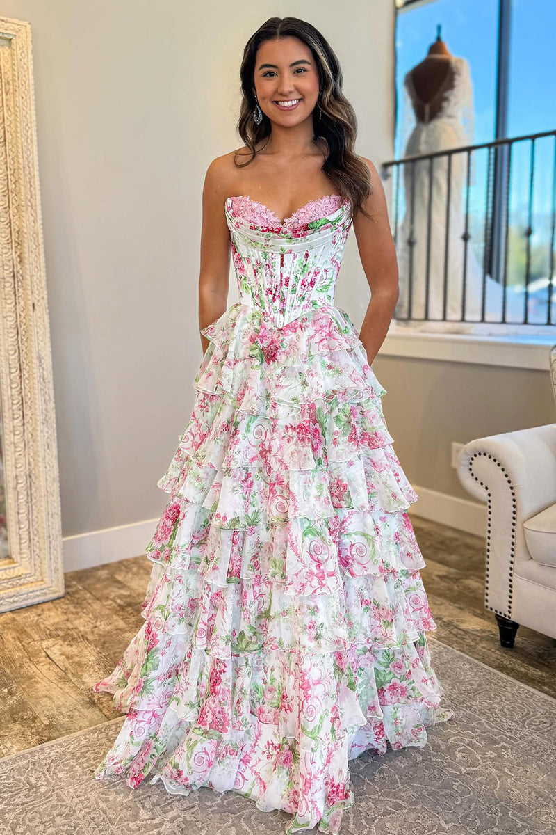 Cute A Line Sweetheart Floral Chiffon Tiered Prom Dress with Slit