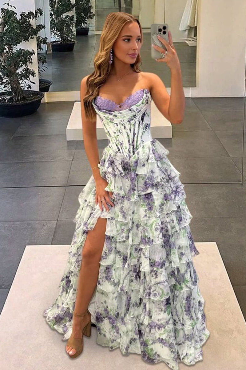 Cute A Line Sweetheart Floral Chiffon Tiered Prom Dress with Slit
