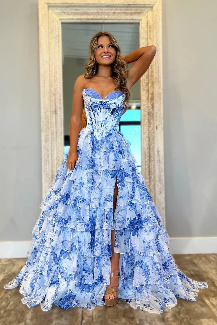 Cute A Line Sweetheart Floral Chiffon Tiered Prom Dress with Slit