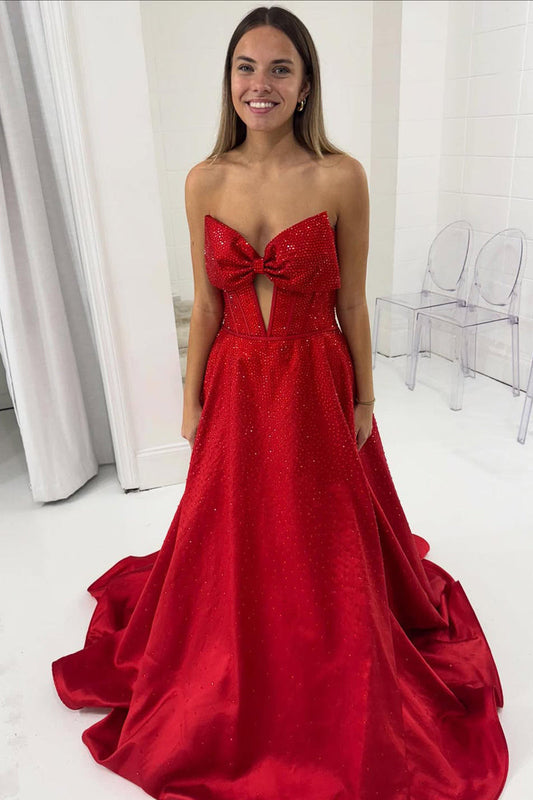 Cute A Line Sweetheart Keyhole Red Satin Long Prom Dress with Hot Stone