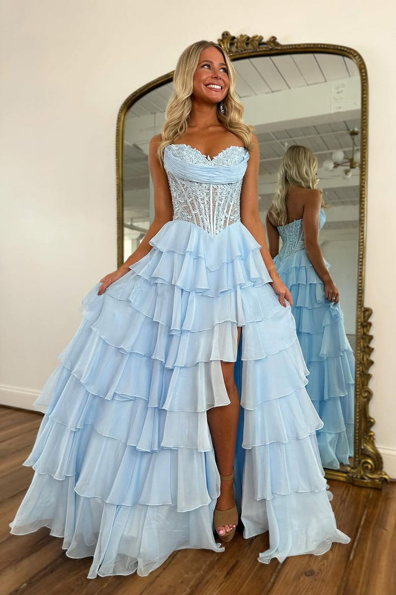 Cute A-Line Sweetheart Light Blue Chiffon Tiered Prom Dress with Appliques