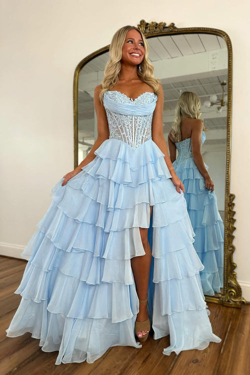 Cute A-Line Sweetheart Light Blue Chiffon Tiered Prom Dress with Appliques