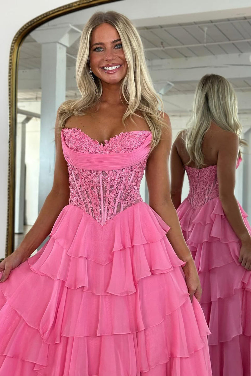 Cute A-Line Sweetheart Light Blue Chiffon Tiered Prom Dress with Appliques