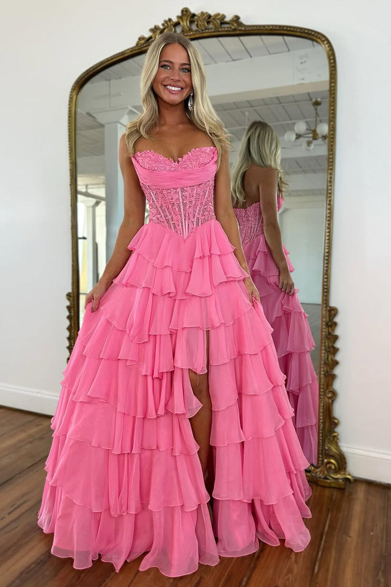 Cute A-Line Sweetheart Light Blue Chiffon Tiered Prom Dress with Appliques