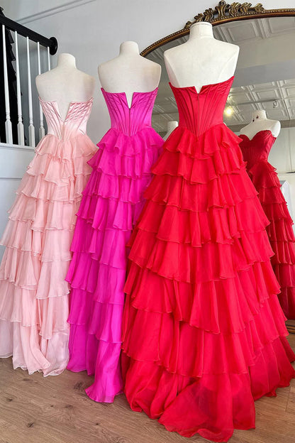 Cute A Line Sweetheart Pink Chiffon Tiered Prom Dress with Slit