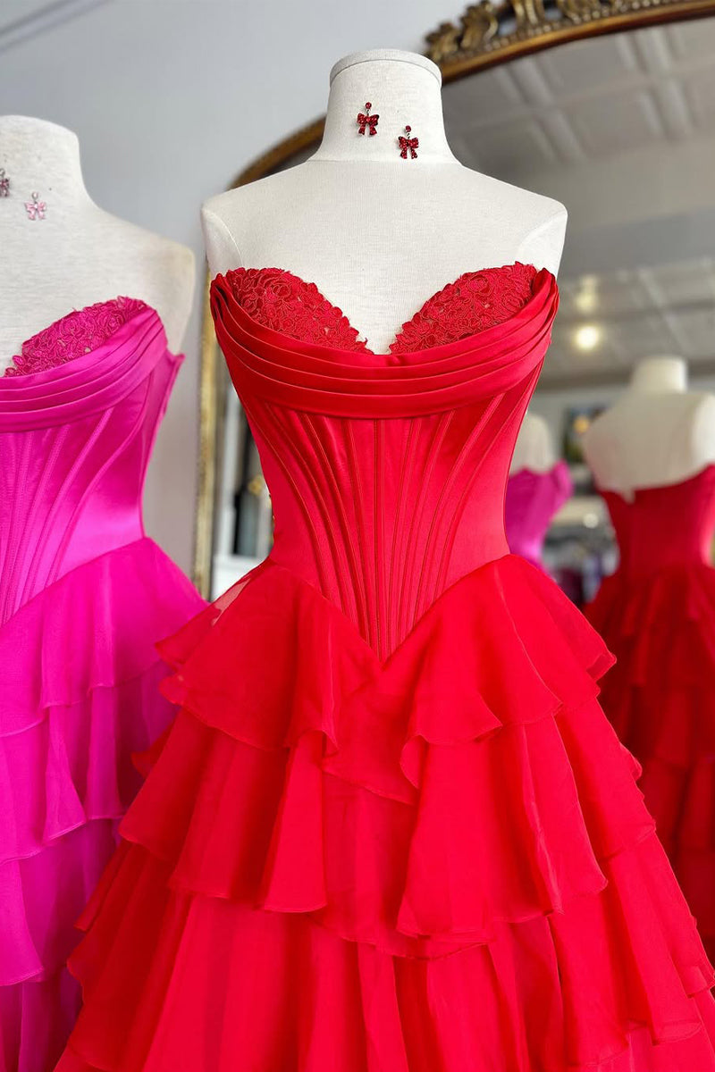 Cute A Line Sweetheart Pink Chiffon Tiered Prom Dress with Slit