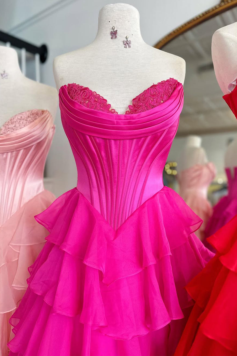 Cute A Line Sweetheart Pink Chiffon Tiered Prom Dress with Slit