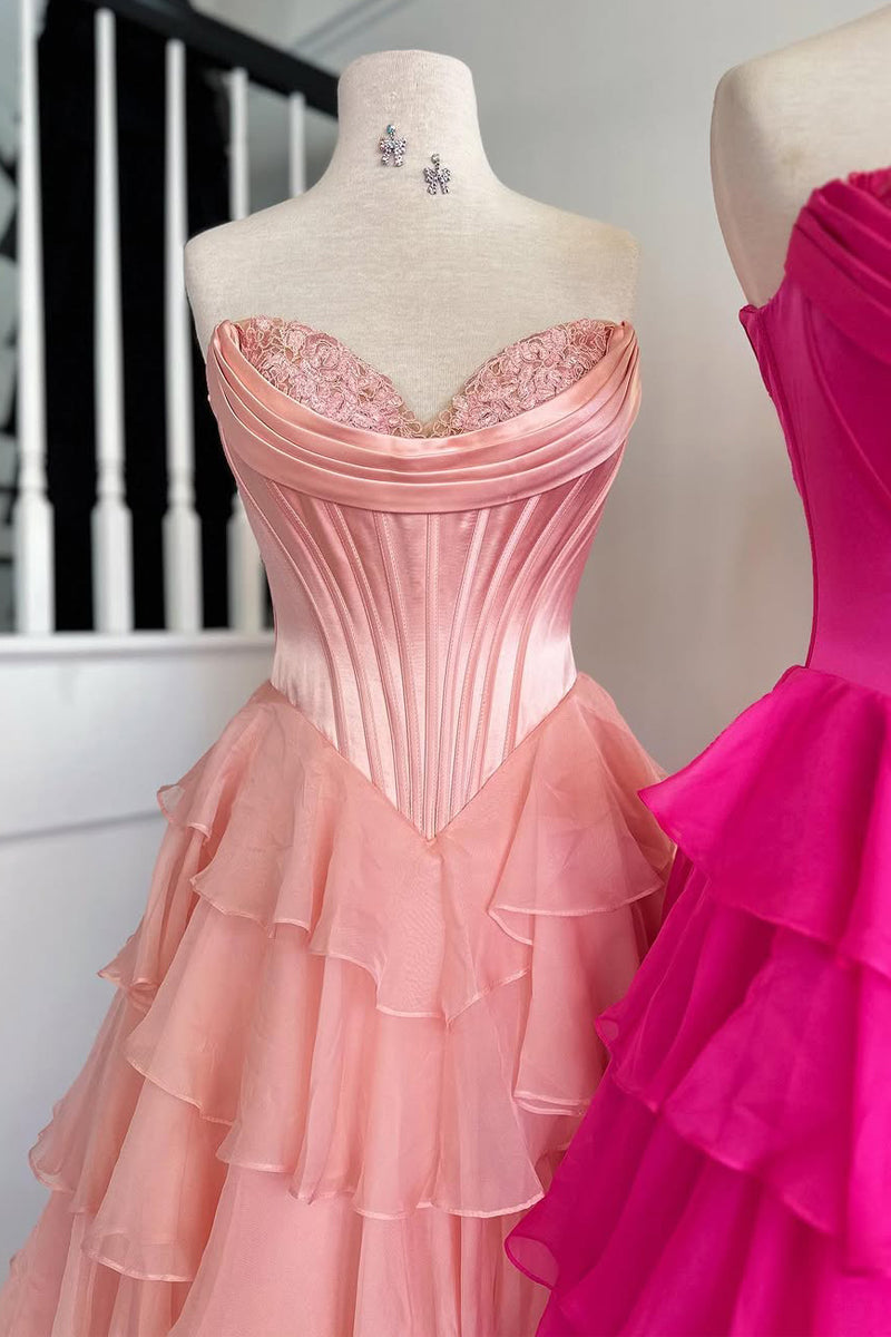 Cute A Line Sweetheart Pink Chiffon Tiered Prom Dress with Slit