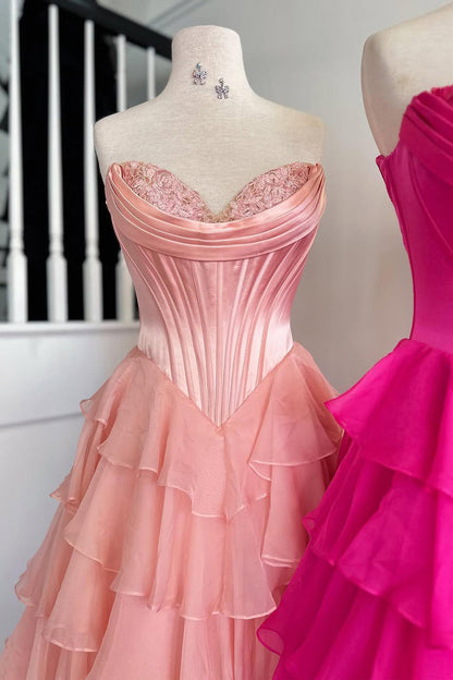 Cute A Line Sweetheart Pink Chiffon Tiered Prom Dress with Slit