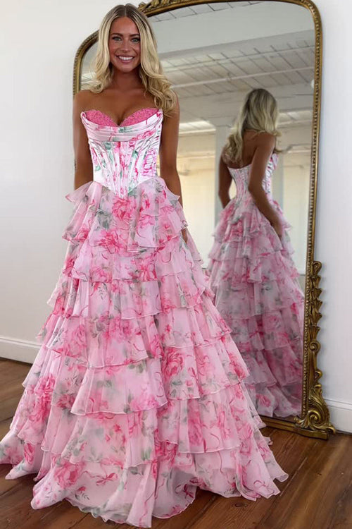 Cute A Line Sweetheart Pink Floral Chiffon Prom Dress with Slit