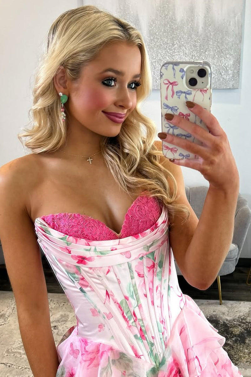 Cute A Line Sweetheart Pink Floral Chiffon Prom Dress with Slit