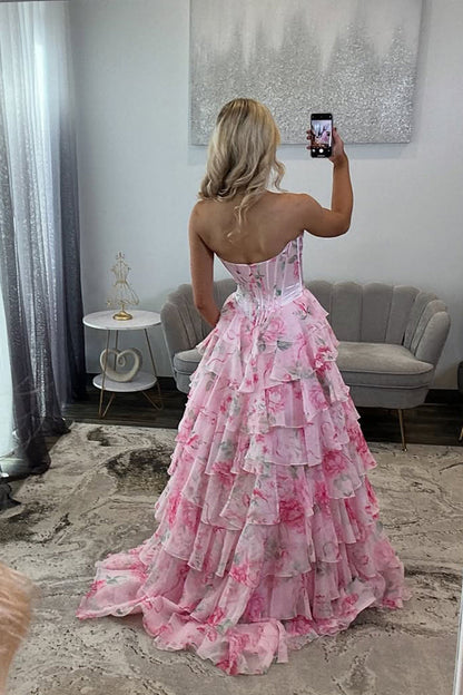 Cute A Line Sweetheart Pink Floral Chiffon Prom Dress with Slit