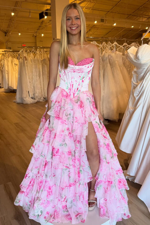 Cute A Line Sweetheart Pink Floral Chiffon Tiered Prom Dress