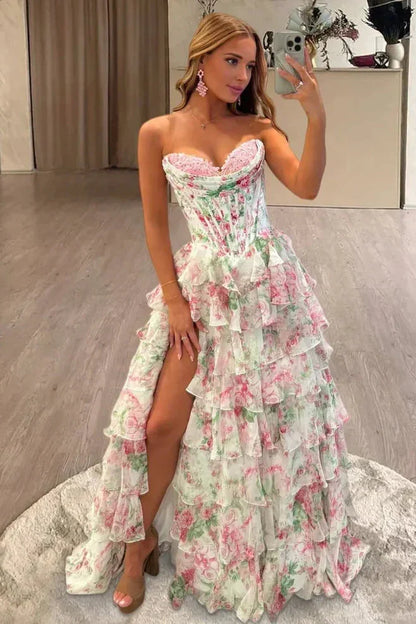 Cute A Line Sweetheart Pink Floral Chiffon Tiered Prom Dress